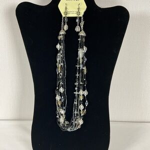 Esmor Necklace with Earrings  Black and Silver-Tone Beaded Necklace 8 strands